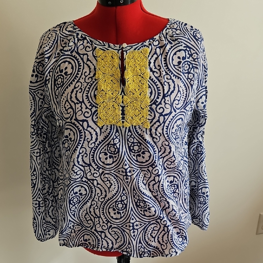 Talbots Blue and White Paisley Blouse with Yellow Detail